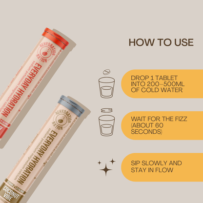 Two hydration drink tablets with instructions on how to use them.