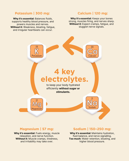 Infographic detailing key electrolytes and their functions on a beige background