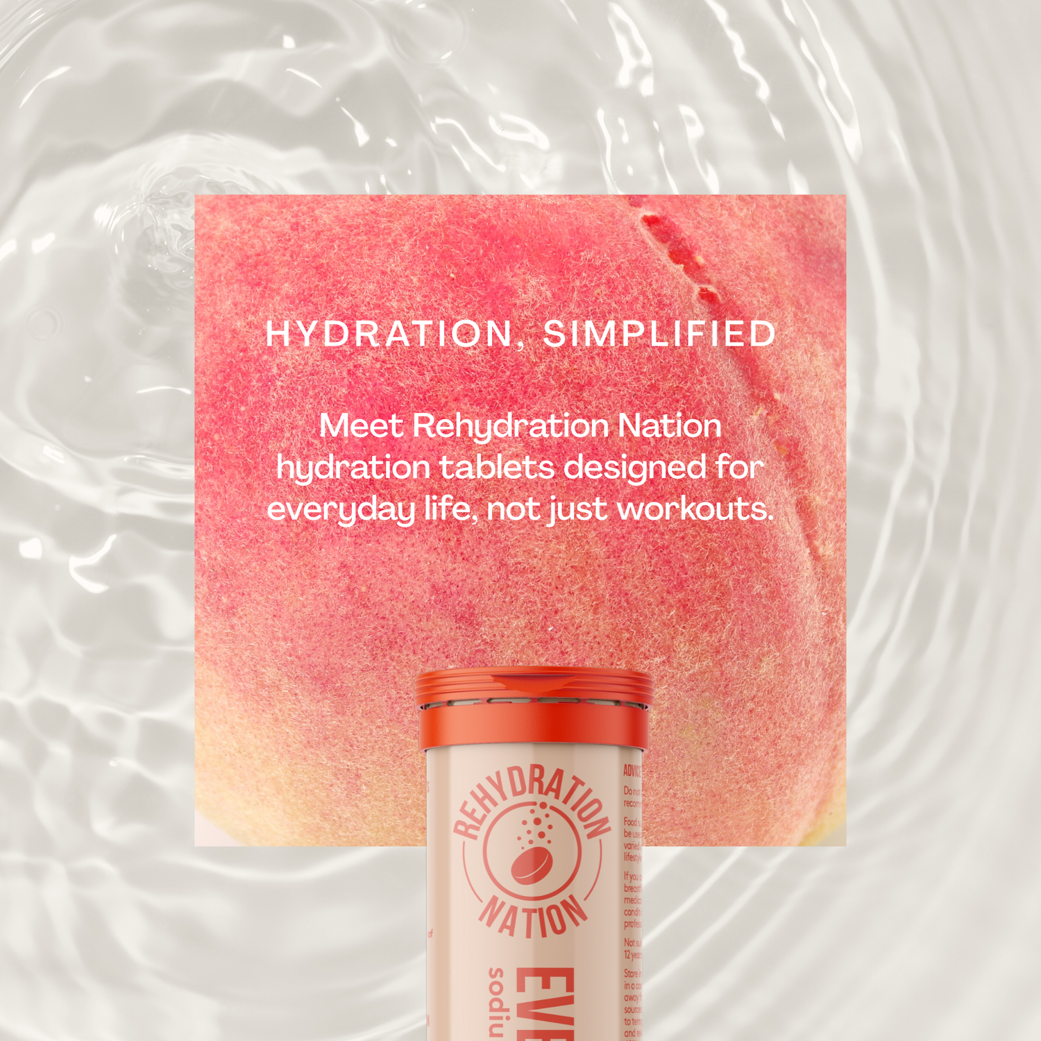 Rehydration Nation hydration tablets with a pink background and water droplets.