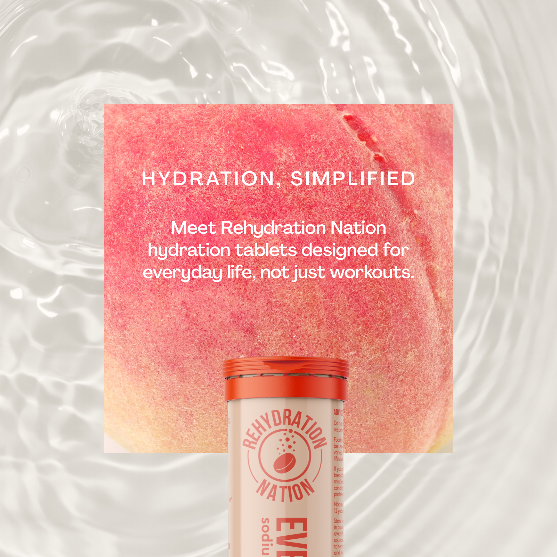 Rehydration Nation hydration tablets with a pink background and water droplets.