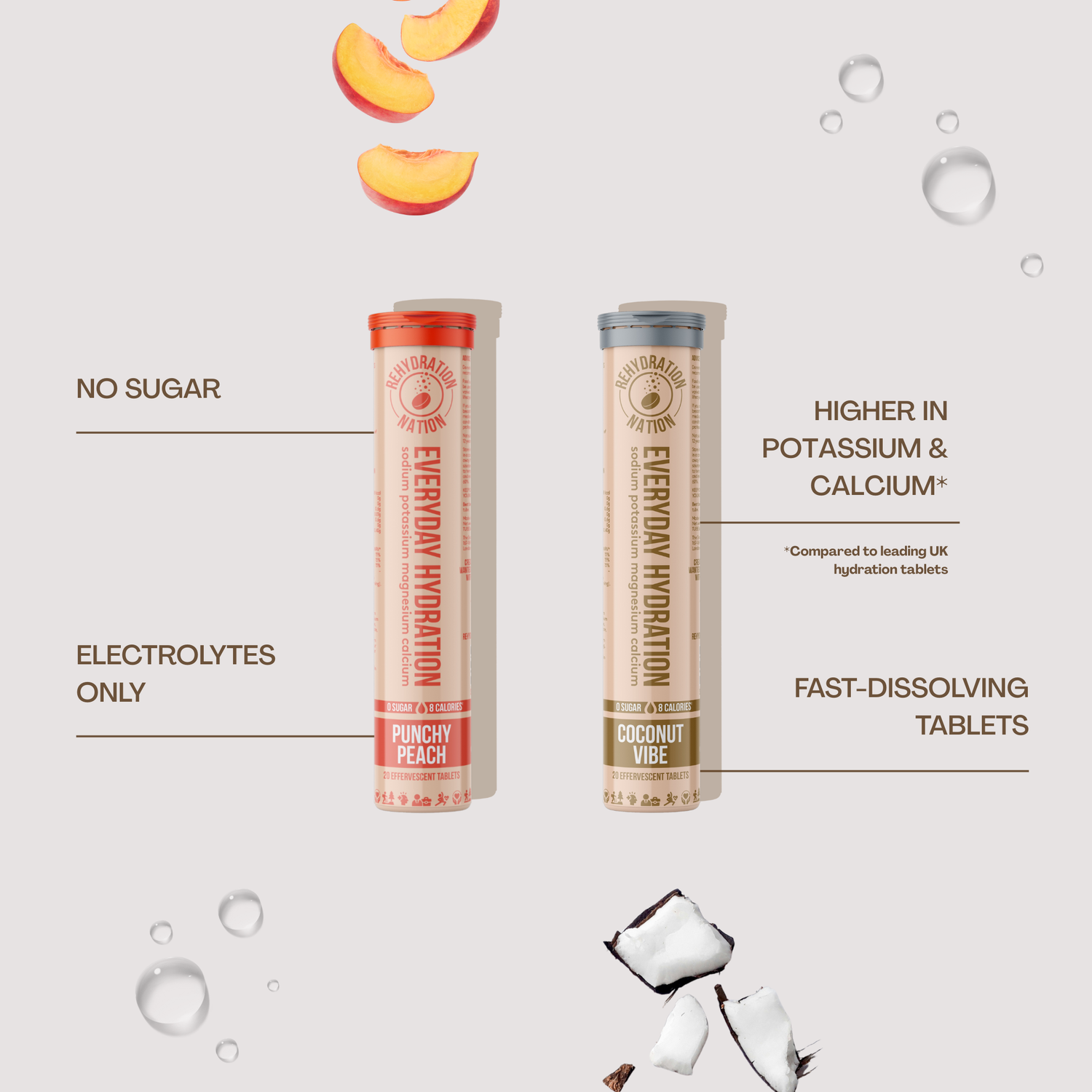 Two hydration tablets with peach flavor on a light gray background